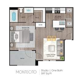 Studio, 1 bath, 597 sqft, $989