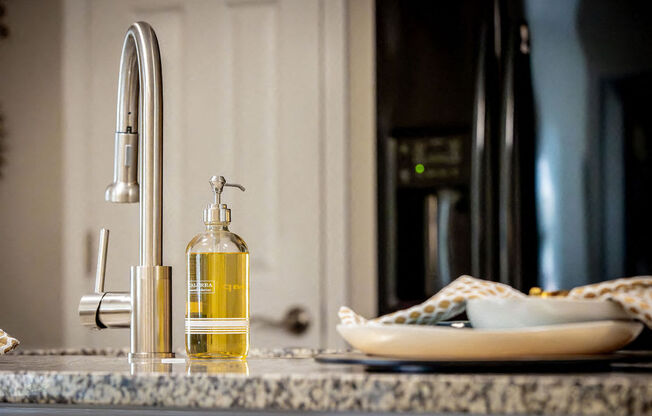 a kitchen counter with a bottle of soap and a sink