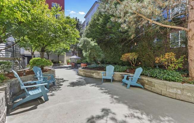 Outdoor Resident Seating Lounge with Blue Adirondack Chairs and Shaded Area from Tall Trees and Manicured Landscaping at Promenade at the Park Apartment Homes, Washington