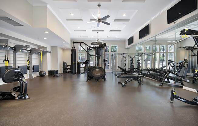 A spacious gym with a variety of equipment.