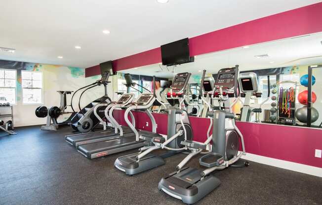 a gym with cardio machines and weights on the floor