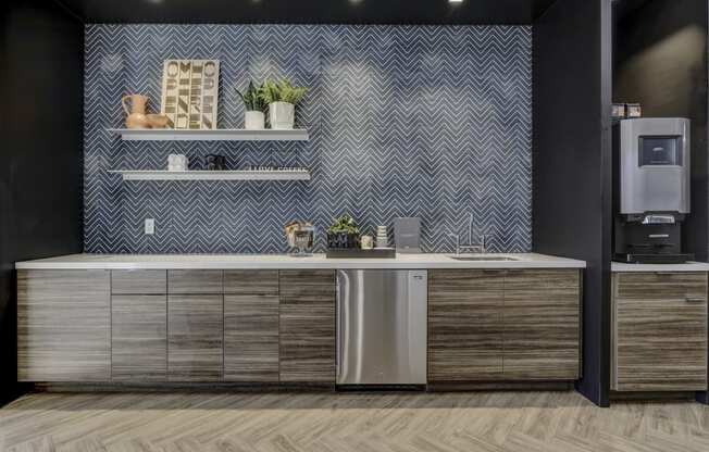 resident social lounge kitchen at Novo Apartments