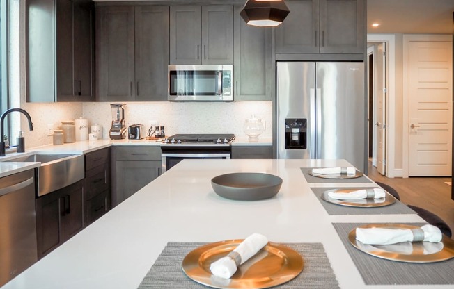 3 bedroom model kitchen with a white quartz counter top and a stainless steel appliances at The Hamilton apartments in Dallas, TX