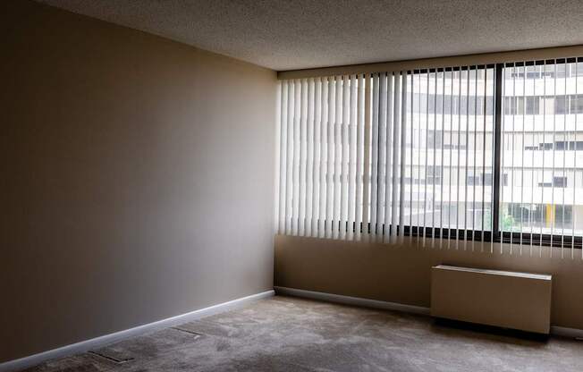 A room with a window covered by blinds and a radiator on the floor.