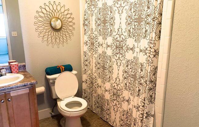 A bathroom with a toilet, sink, and shower curtain.
