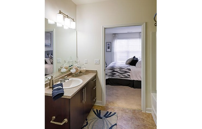 Bathroom with sink, toilet, shower and tub; inside bedroom
