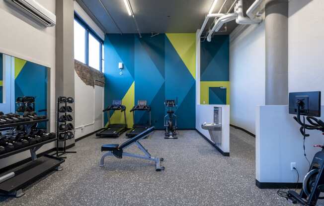 a fitness room with weights and cardio equipment and a blue and yellow wall at The Draper, St Louis, Missouri