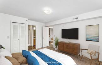 a bedroom with an attached bath at Fieldstream Apartment Homes, Iowa