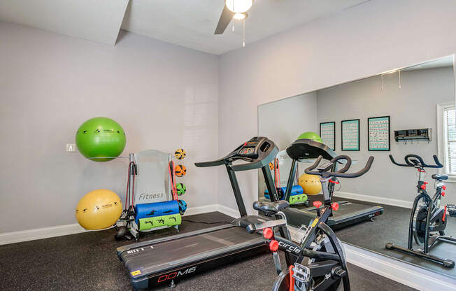 A room with a treadmill, exercise bike, and other fitness equipment.
