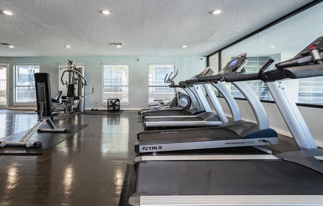 A gym with treadmills and elliptical machines.