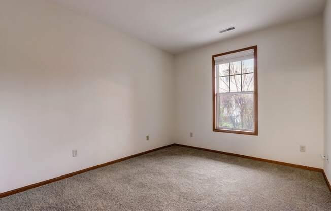 a room with white walls and a window and a carpet