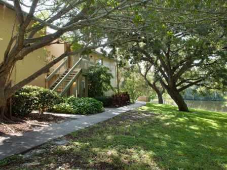Exterior stairwell and sidewalk at L'Estancia, Sarasota, Florida