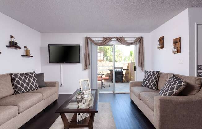 a living room with couches and a coffee table and a tv