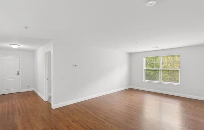 A room with wooden floors and a window showing greenery outside.