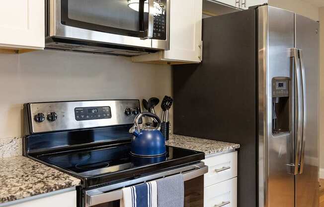 A kitchen with a black refrigerator, stove, and oven.