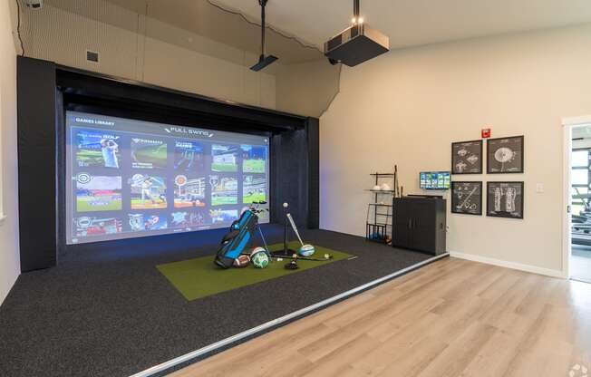 a fitness room with a projector screen and exercise equipment on a green rug