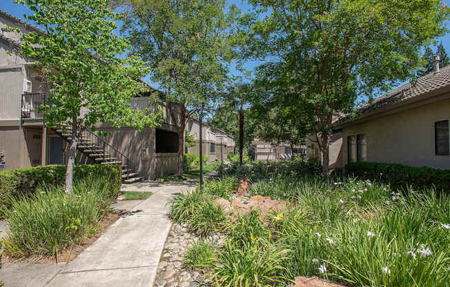 A pathway leads through a grassy area between two apartment buildings at Zinfandel Village Apartments, California, 95670