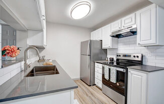 a kitchen with a sink stove and refrigerator