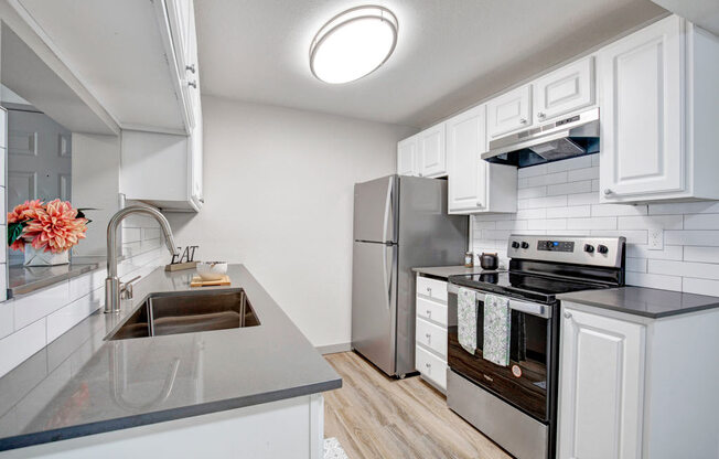 a kitchen with a sink stove and refrigerator