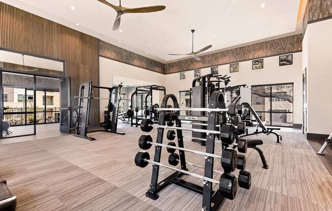 exercise room at ironridge at hill country village apartments