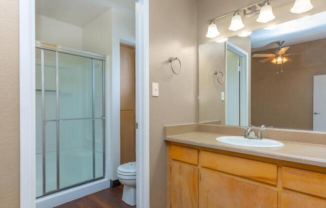 a white sink sitting under a large mirror