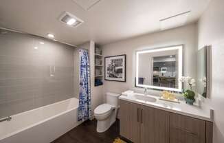 a bathroom with a shower toilet and sink