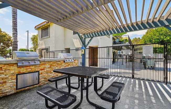 our patio has a picnic table and chairs and a grill