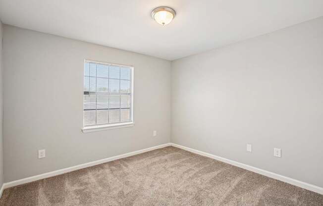 A room with a carpeted floor and a window with blinds.