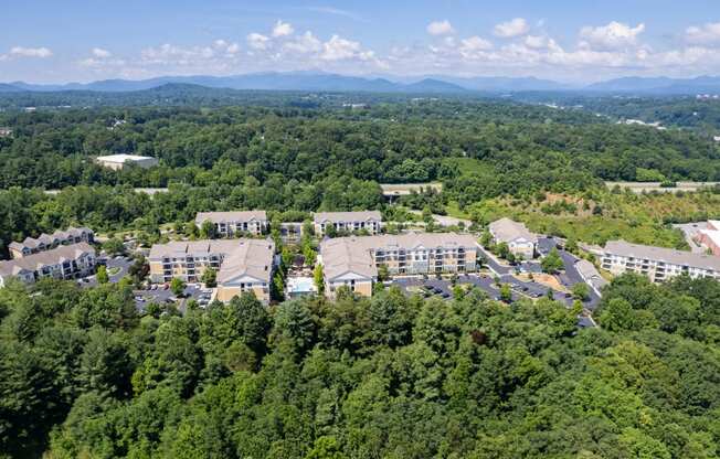 aerial view of the campus with mountains in the background