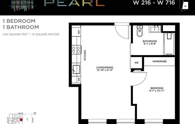 1 bed, 1 bath, 544 sqft, $1,718, Unit W316