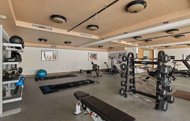 A gym with a variety of equipment including weights and exercise balls.