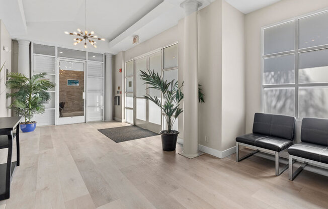 Stylish modern lobby at Palms Court Apartments