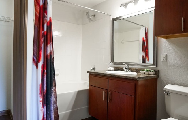 a bathroom with a toilet sink and mirror and a shower