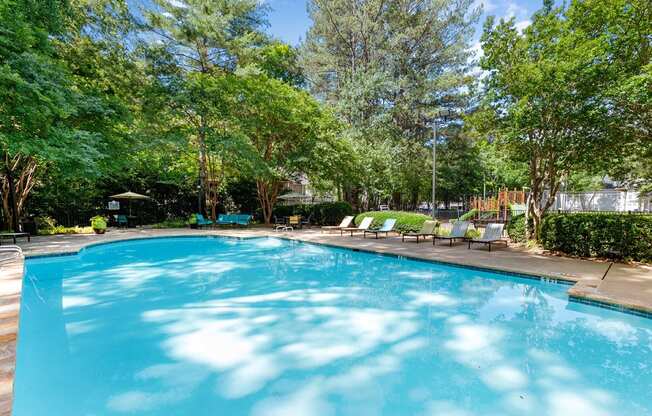 Swimming pool with trees and seating