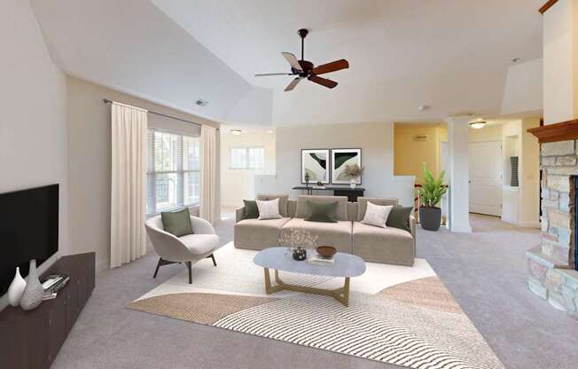 a living room with a couch and a ceiling fan