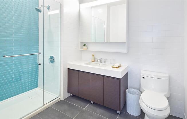 Modern bathroom with standing shower and vanity