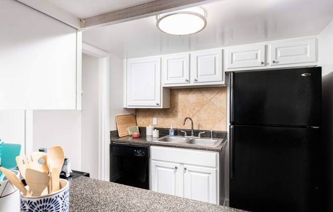 a kitchen with a black refrigerator and a sink  at The Park at Chesterfield Apartment Homes, Tampa, Florida