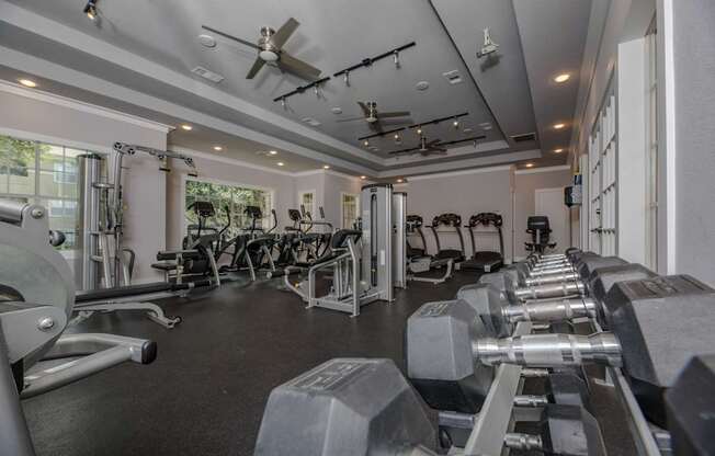 A gym with a variety of equipment including dumbbells, weight machines, and a ceiling fan.