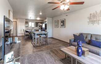 Contemporary open-concept space with large kitchen island.