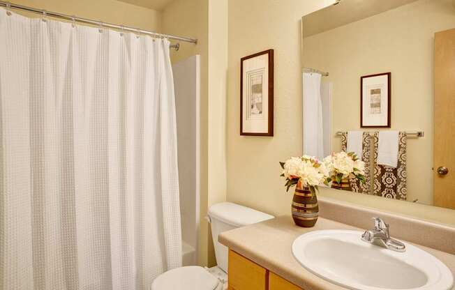 A clean, well-appointed bathroom here at Allegro featuring a light vanity with a smooth countertop and integrated sink, a large wall mirror with mounted lighting, neatly hung towels, and a tub and shower combination with a textured white curtain, creating a bright and functional space designed for everyday convenience and comfort.
