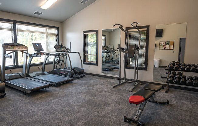 a gym with treadmills and other exercise equipment