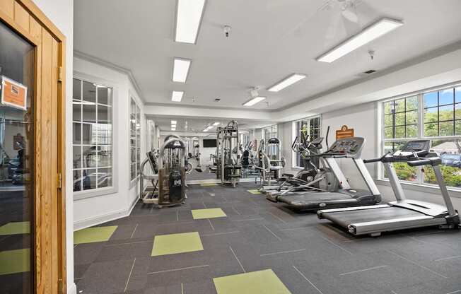 A gym with treadmills, weights and exercise machines.