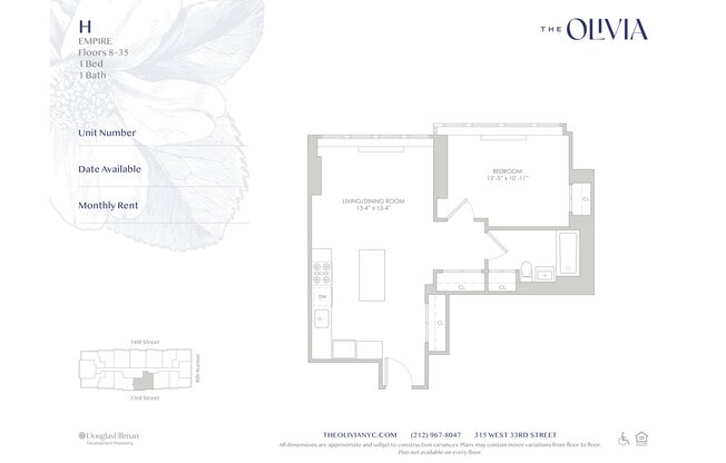 1 bed, 1 bath, 655 sqft, $5,200, Unit 14H