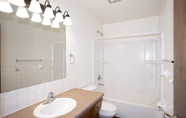 a bathroom with a sink and a shower and a toilet. Fargo, ND Country Club Apartments