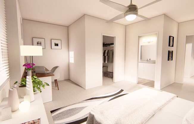 a bedroom with a bed and a ceiling fan at Brownstones at Palisade Park Townhomes, Broomfield Colorado