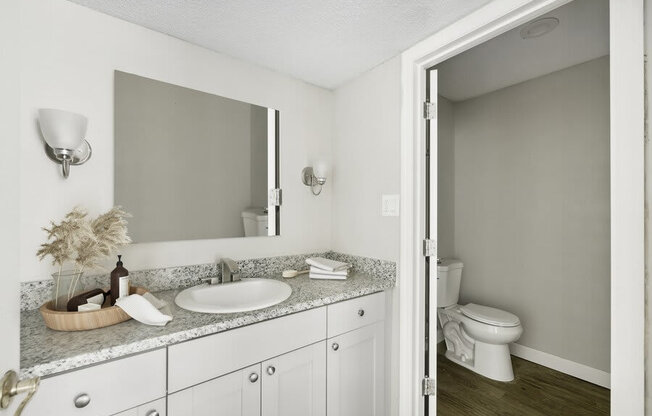 Model bathroom with white vanity