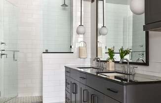 A modern bathroom with a walk-in shower and a vanity with a sink and mirror.