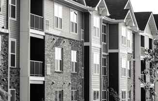 A black and white image of a row of townhouses.