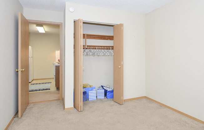 Bedroom with Sliding Wood Style Closet Doors