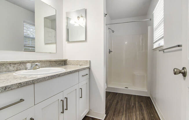 A bathroom with a sink, mirror, and vinyl plank floor at Foxwood and The Hermitage, Portage, MI, 49024